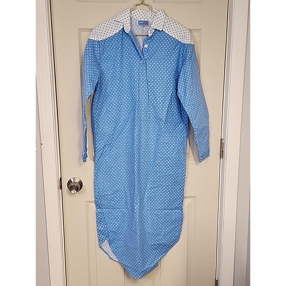 Vtg Moonlight Magic Women's Small Blue Long Sleeve Pattern 100% Cotton Nightgown